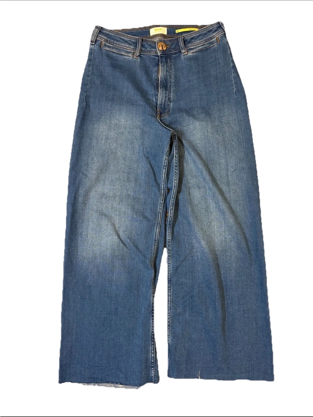 Maeve Anthropologie Junie Wide Leg Cropped Denim Jeans Raw Hem Dark Wash Size 30